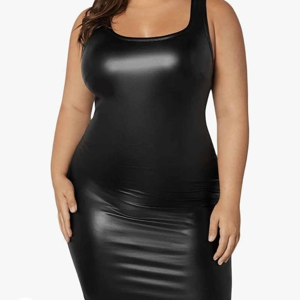 SOLY HUX Women's Plus Size Square Neck Sleeveless Bodycon Tank Dress PU Leather